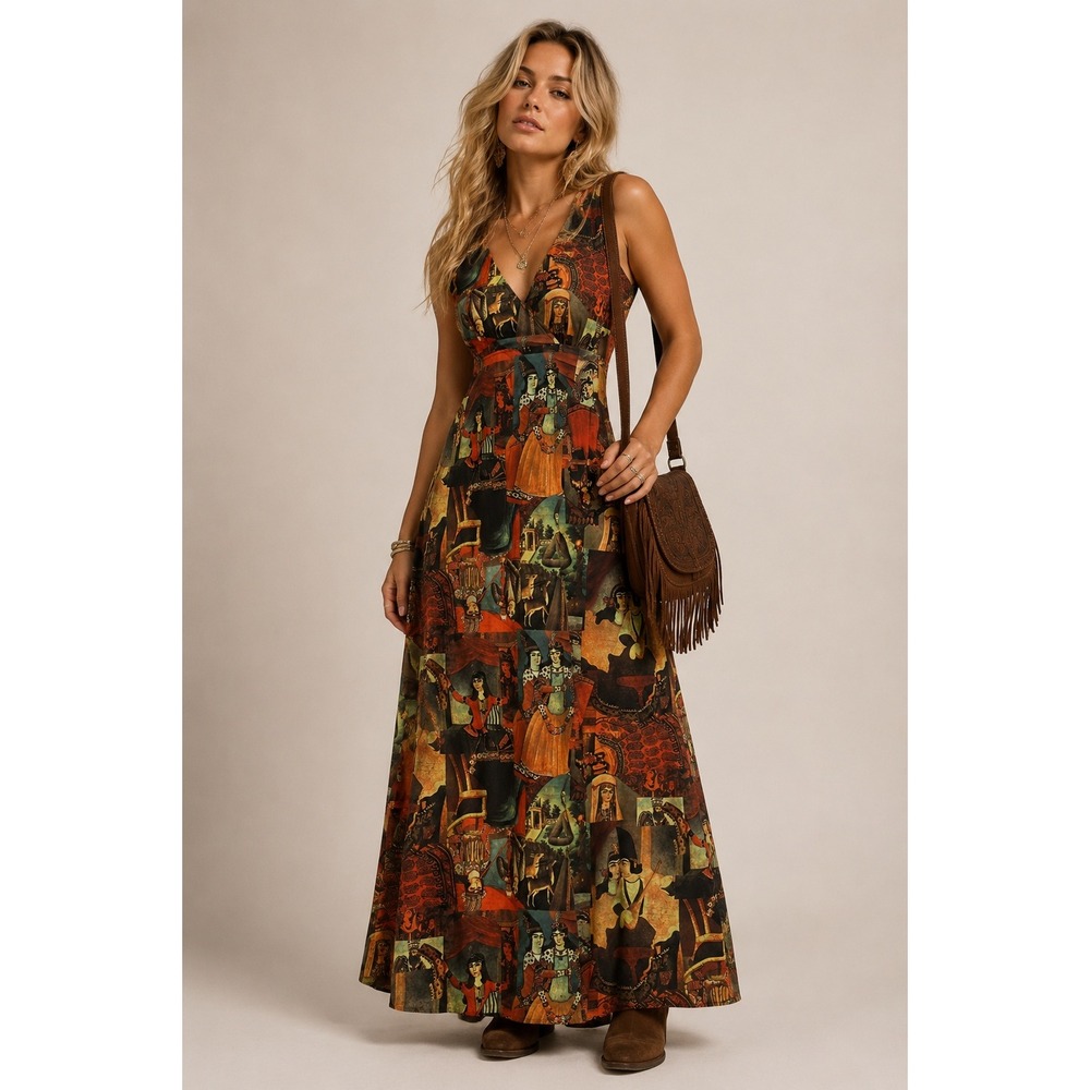 Vintage 70s Persian Art novelty Print Maxi Dress Graphic print S 8 - Picture 1 of 9